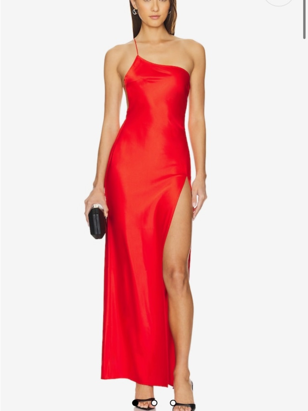 REVOLVE One-Shoulder Red Satin High-Slit Dress. Caria maxi dress.  Superdown